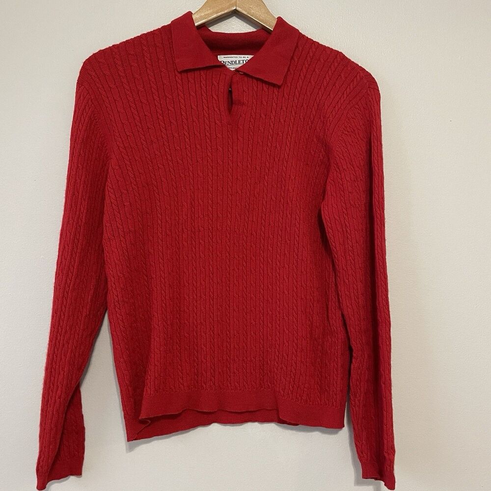 Vintage Pendleton Merino Wool Cable Knit Womens L Sweater Red Holiday Collar